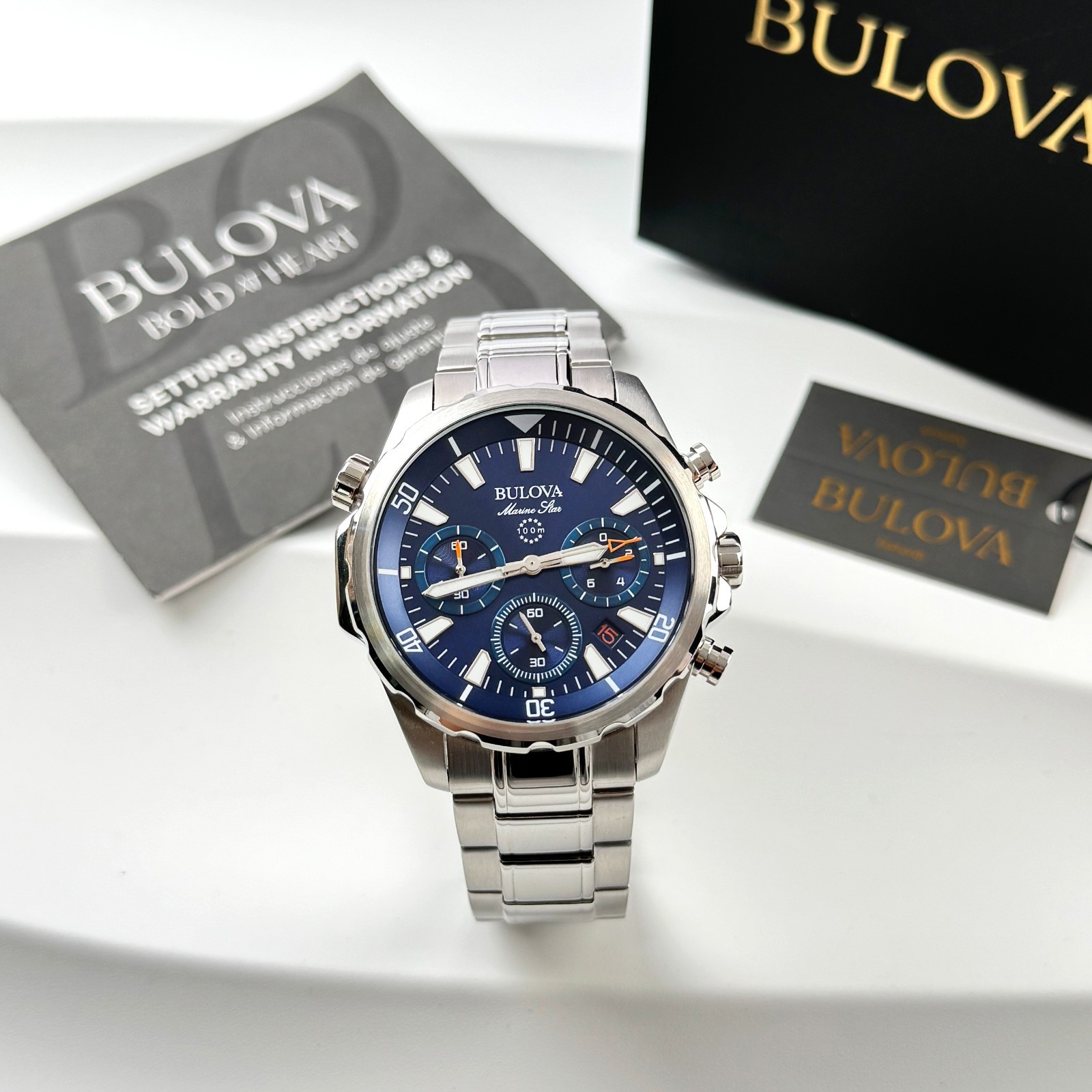 Bulova Men’s New 96B256 Marine Star Chronograph Watch Blue Dial 43mm