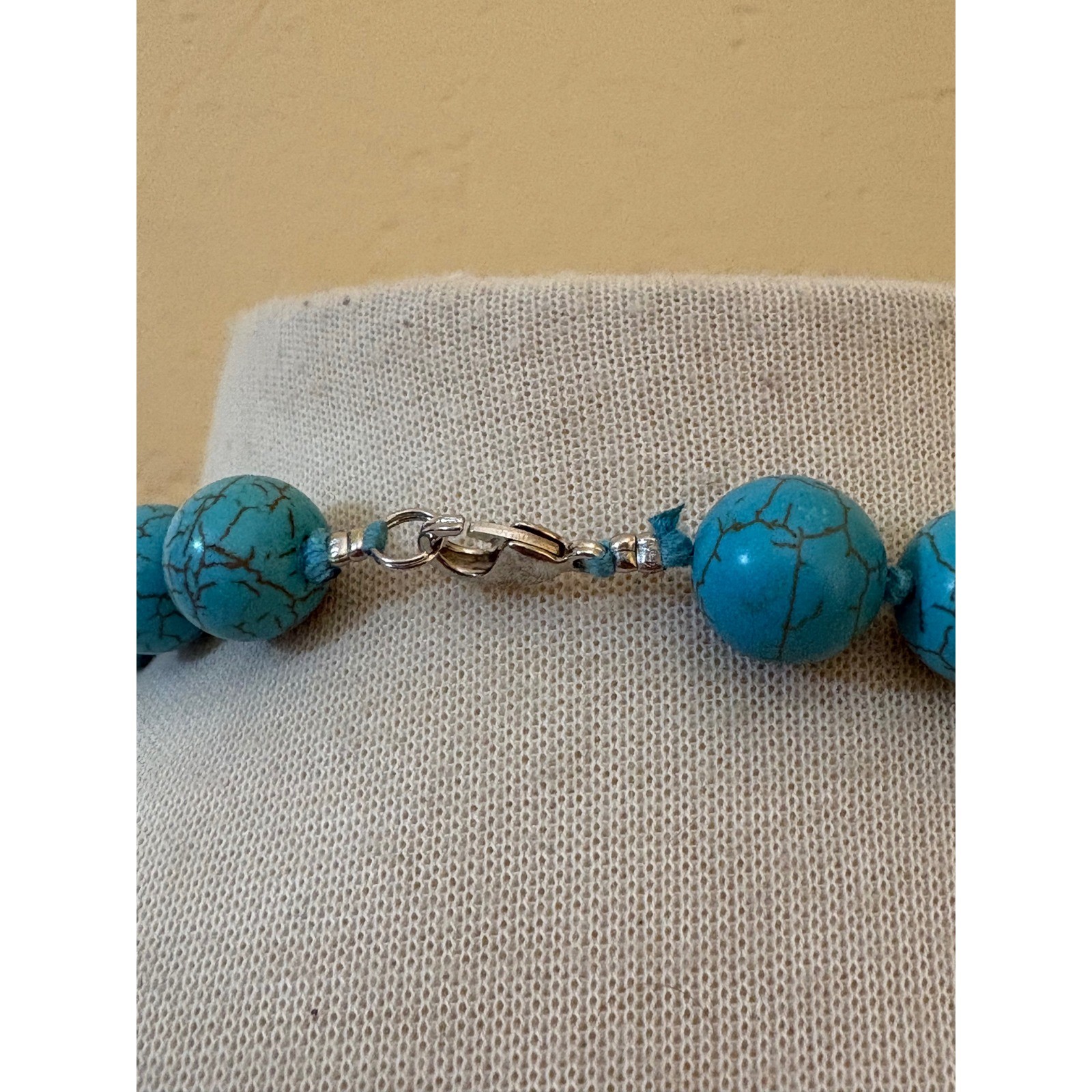 Turquoise Blue Magnesite Round Bead Knotted Statement Necklace 18 Inch
