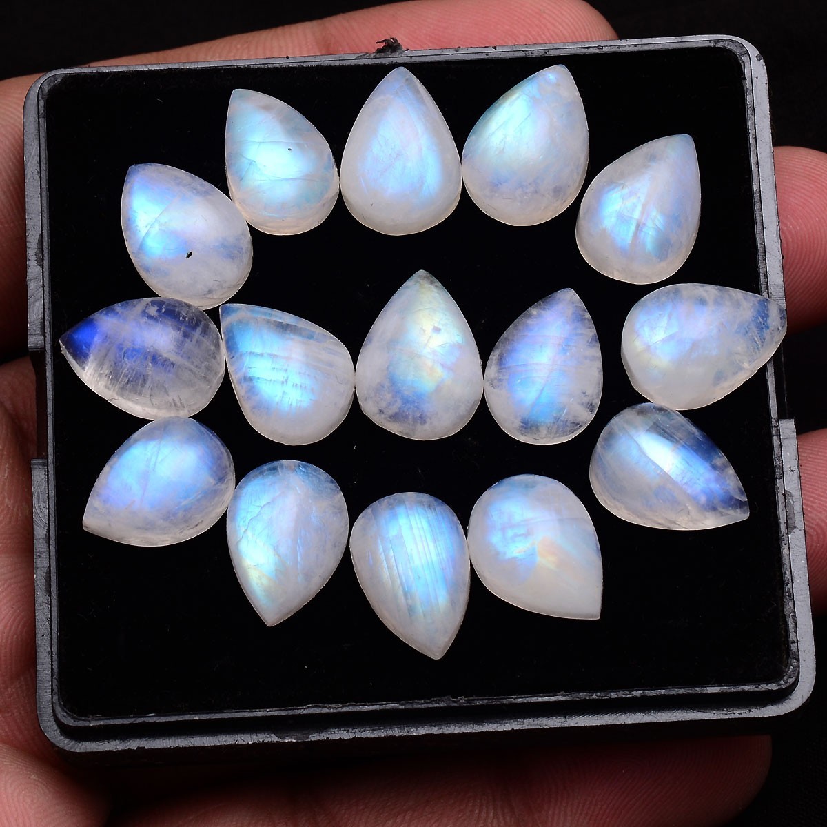 Set 16 Pcs Natural Moonstone Blue Shine 13.25mm-14.50mm Pear Cabochon Gemstones