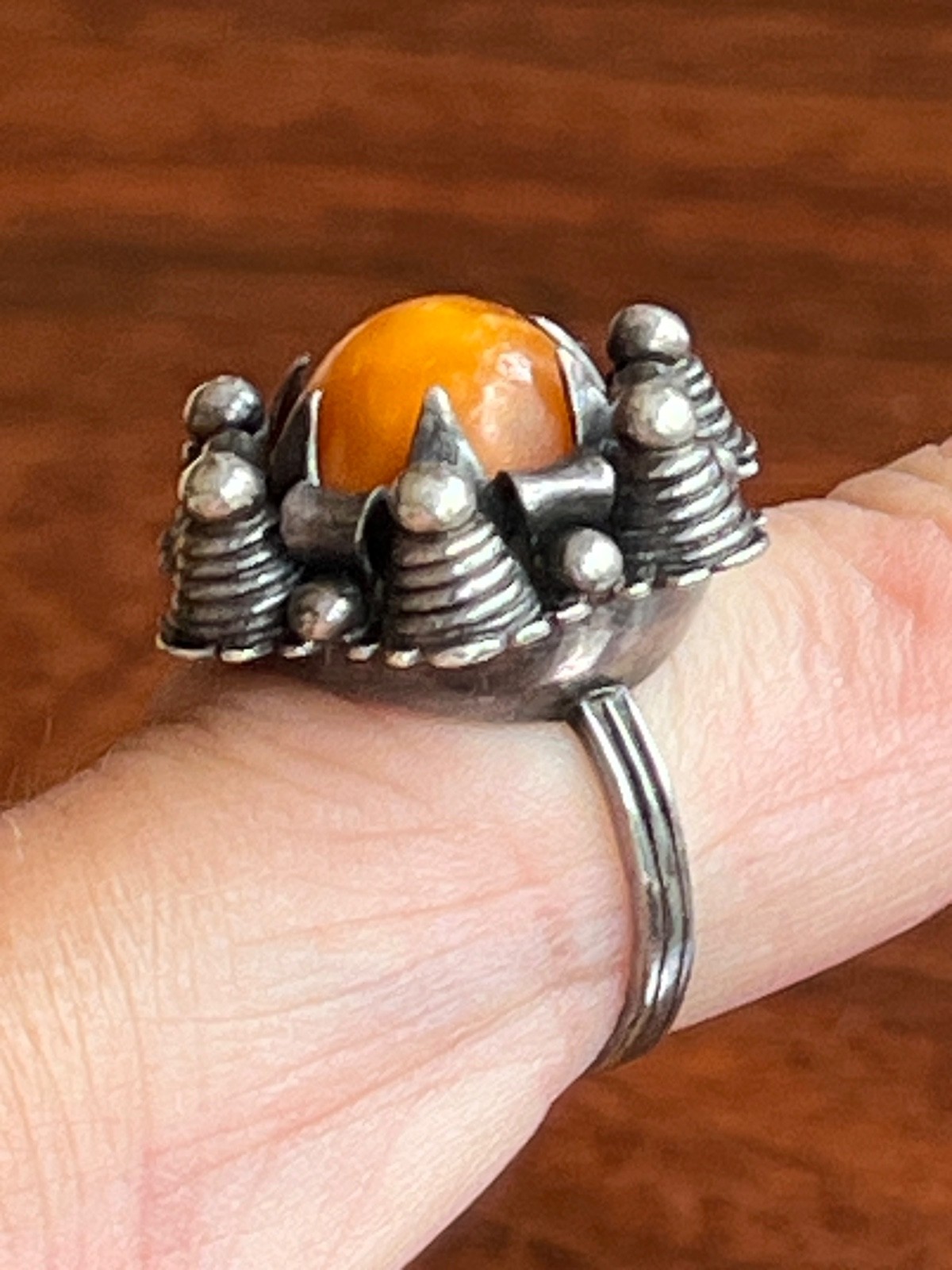 Antique Latvian Silver Amber Ring Unique Design Sz. 8