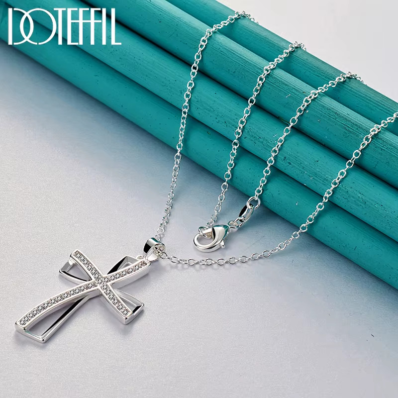925 Sterling Silver 16-30 Inch Chain Cross AAA Zircon Pendant Necklace for Woman