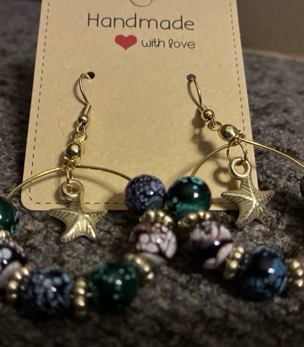 Handmade Gold Hoop Earrings with Multicolor Beads and Star Charm