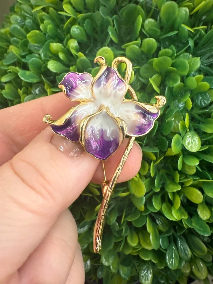 New Orchid Enamel Flower Brooch, 2.28-Inch, 14K Gold‑Plated Pin