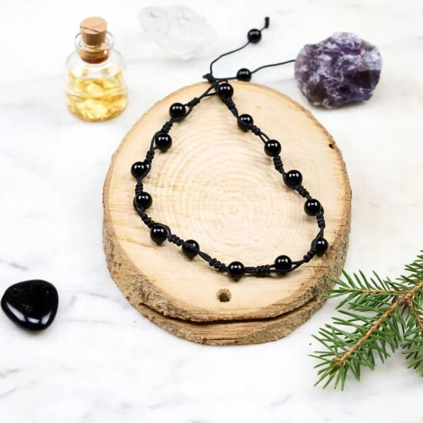 Obsidian Stone Anklet Bracelet Natural Black Gemstone Crystal Braided Anklet