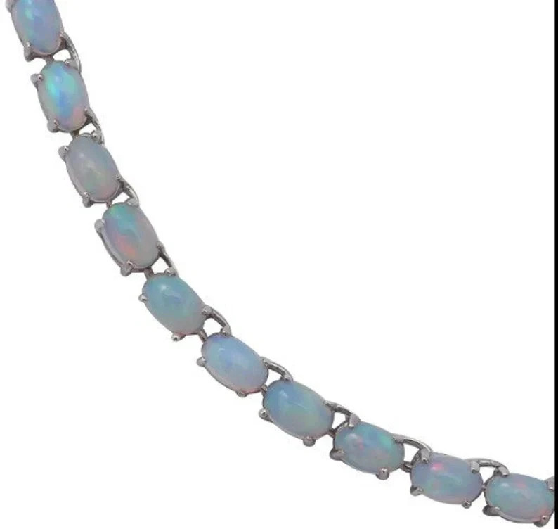 15CT Oval Cut Lab Created Fire Opal Women Tennis Necklace 14K White Gold Plated