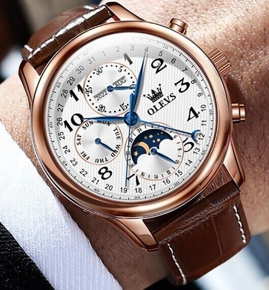 OLEVS Automatic Mechanical Watch Men’s Moon Phase Waterproof Leather Men Strap