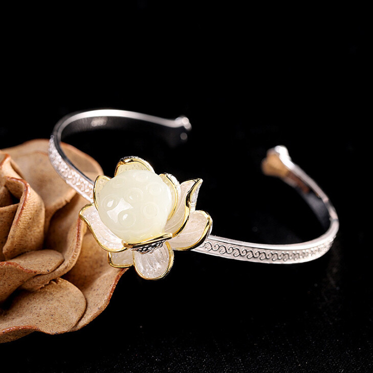 I03 Sterling Silver 925 White Jade Flower Bangle Bracelet
