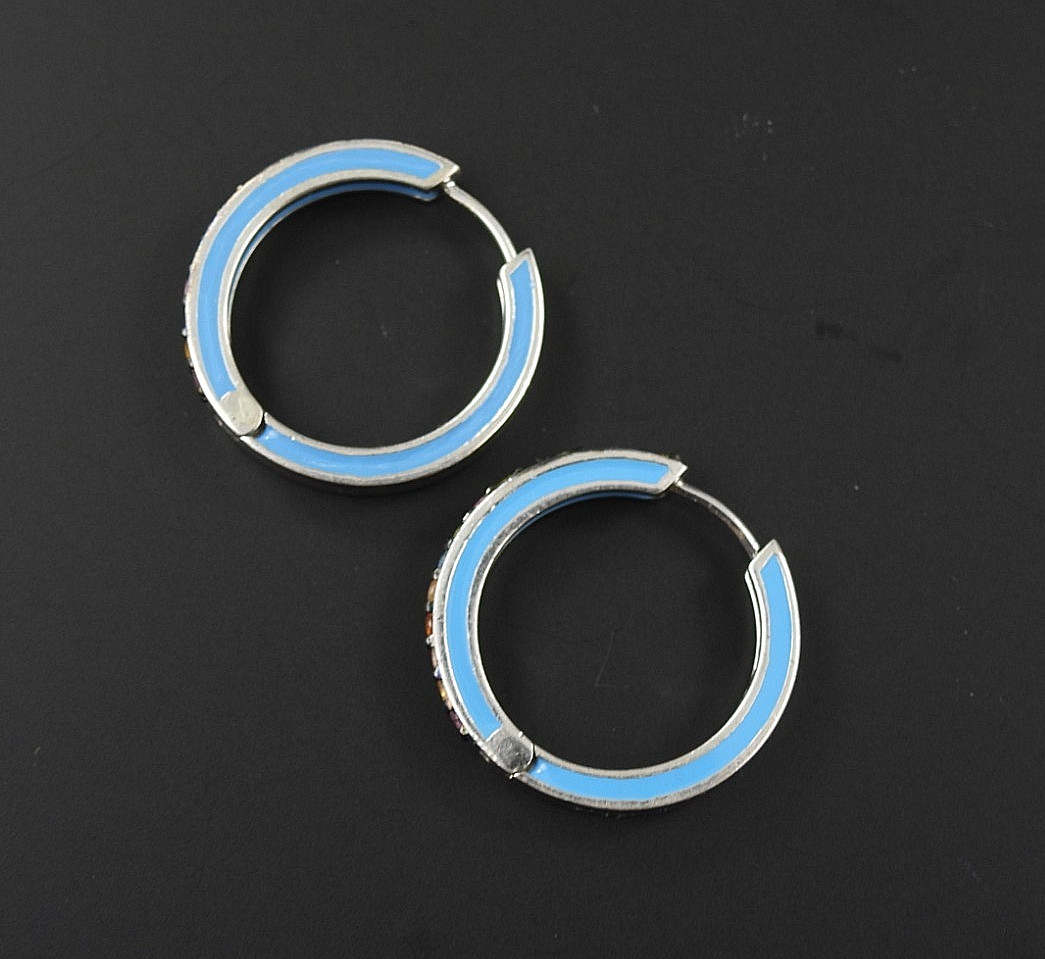 Vintage EFFY Balissima 925 Sterling Silver Enamel Multi Gemstone Hoop Earrings