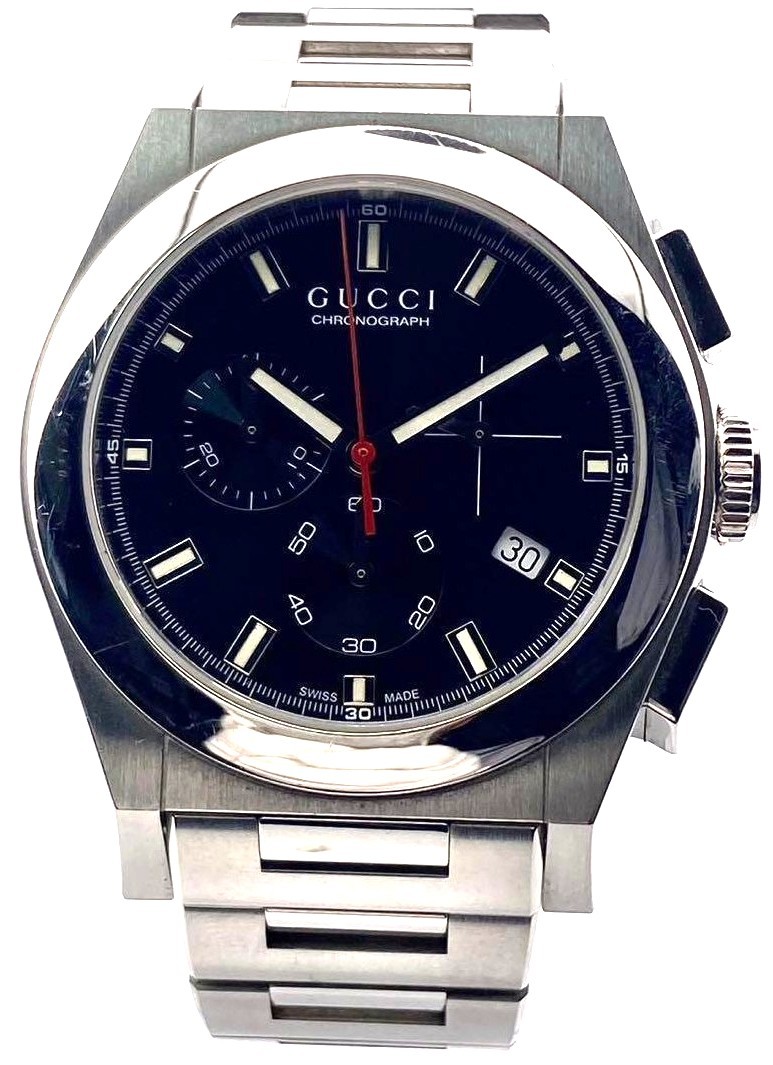GUCCI Pantheon Chronograph 115.2 Watch Black Dial Steel Silver Men Used