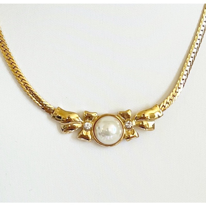 NINA RICCI Vintage Pearl Ribbon Necklace Omega Choker Herringbone Chain 1980’ss
