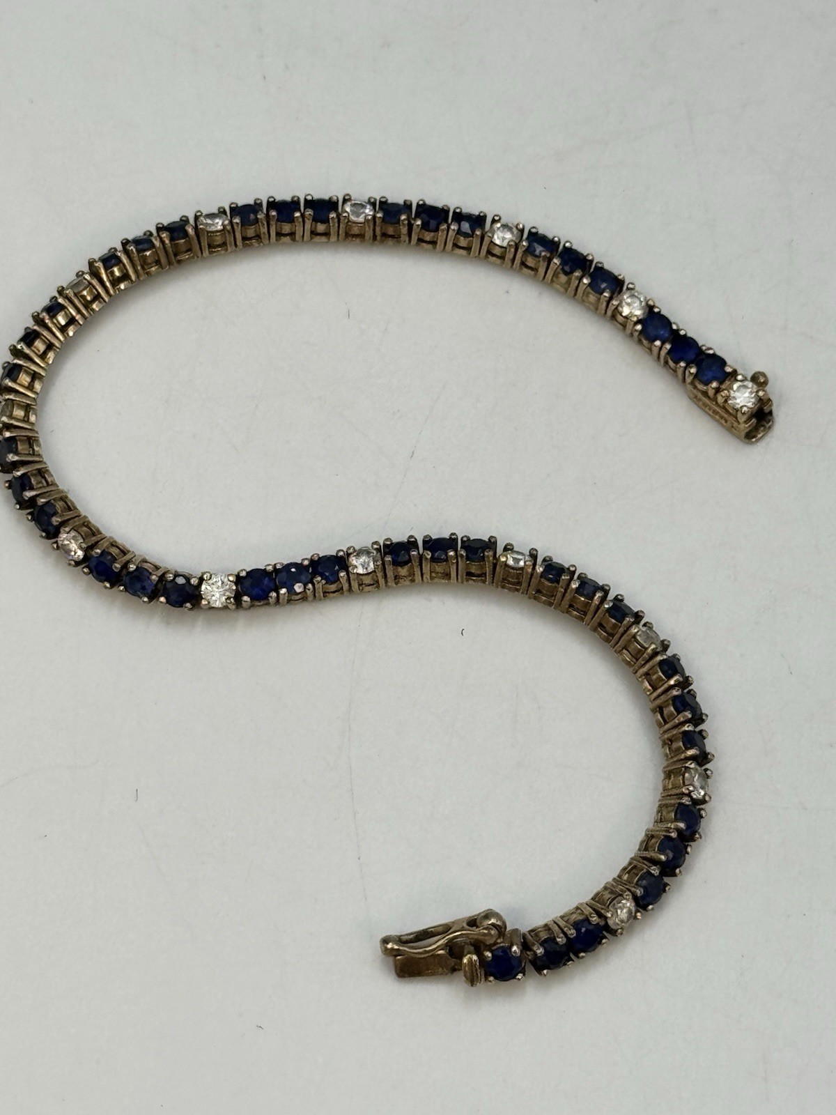 Gold Overlaid Sterling SIlver 925 Blue & White Round Cut 6.75″ Bracelet 10g