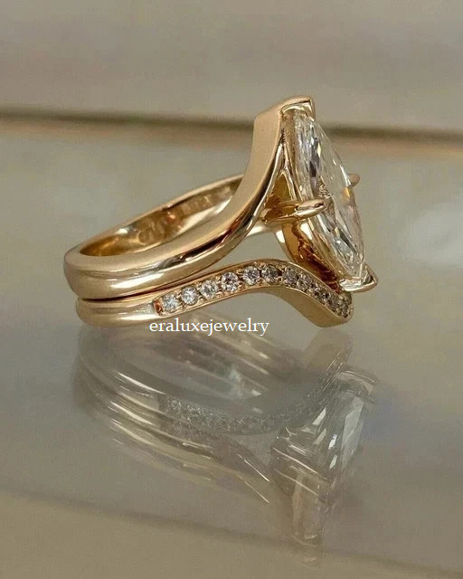 14K Yellow Gold Plated 2Ct Marquise Lab Created Diamond Wedding Bridal Ring Set
