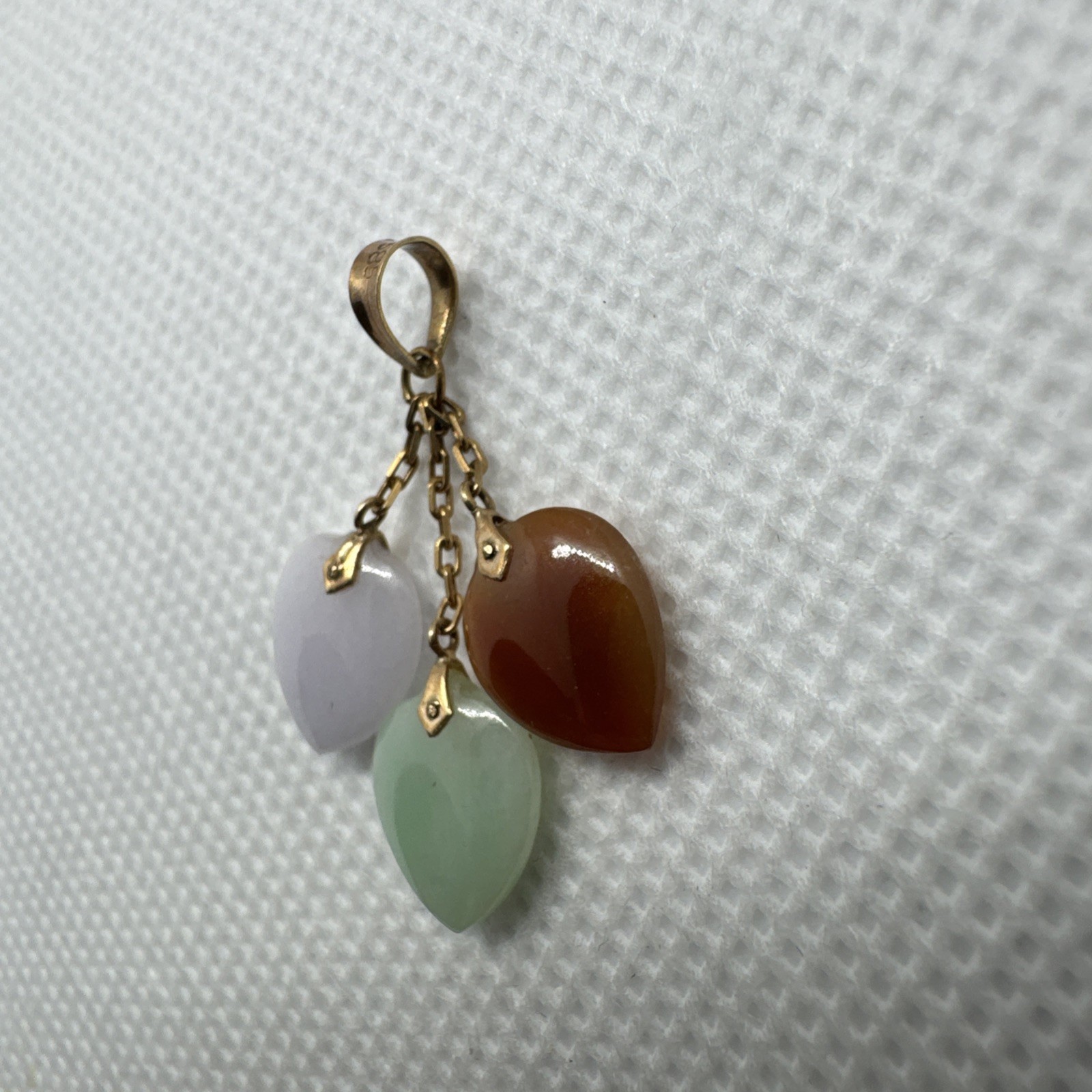 14k Solid Yellow Gold Green Brown White Jadeite Jade 3 Heart Pendant Charm 585