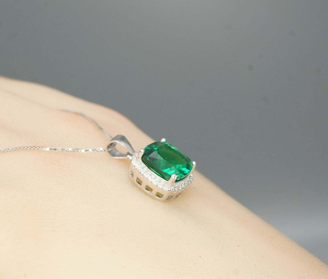 2.00Ct Cushion Cut Lab Created Emerald Halo Pendant 14K White Gold Silver Plated
