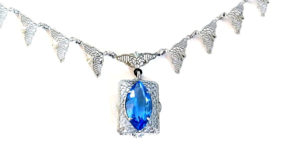 VintageEdwardian Filigree Silvertone Blue Glass Lariat Necklace and Bracelet
