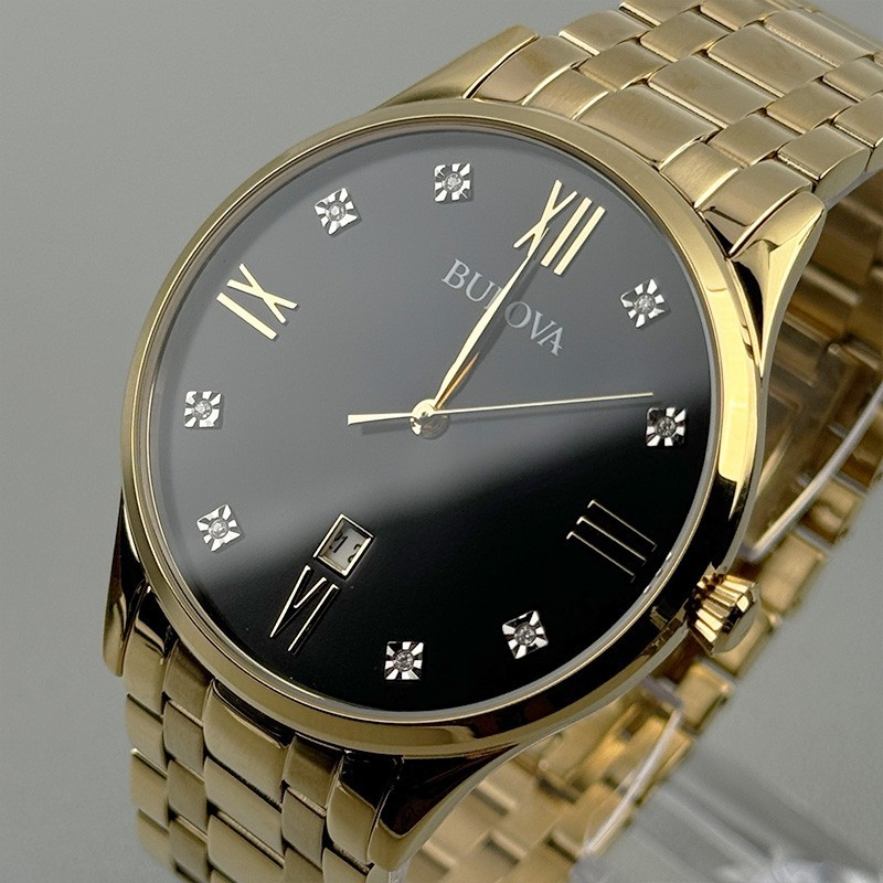 Bulova Classic 97D108 Black Diamond Dial Gold-Tone Bracelet Men’s Quartz Watch