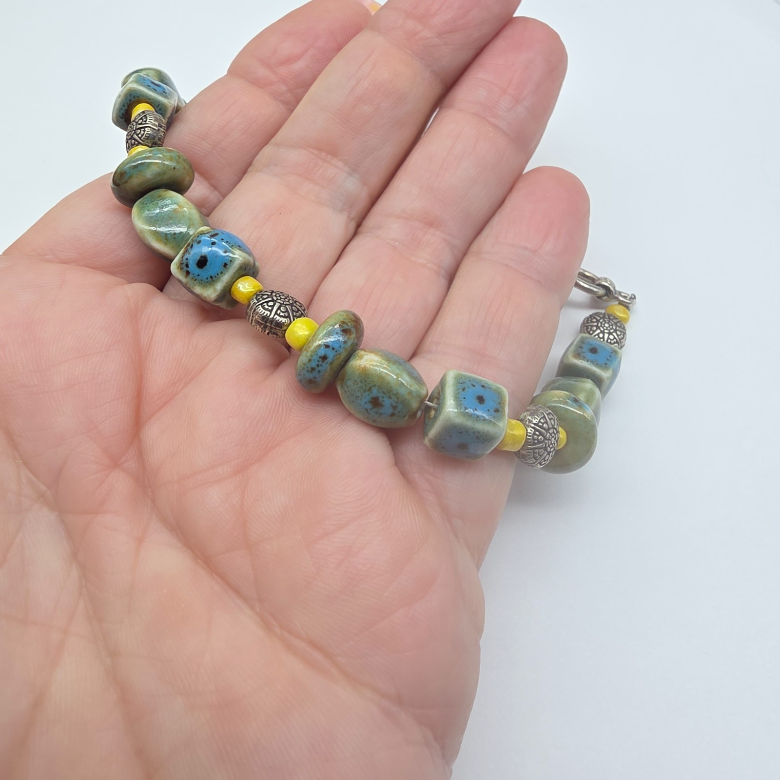 Blue Green Brown Yellow Ceramic Glass Beaded Silver Tone Metal Bracelet Vintage