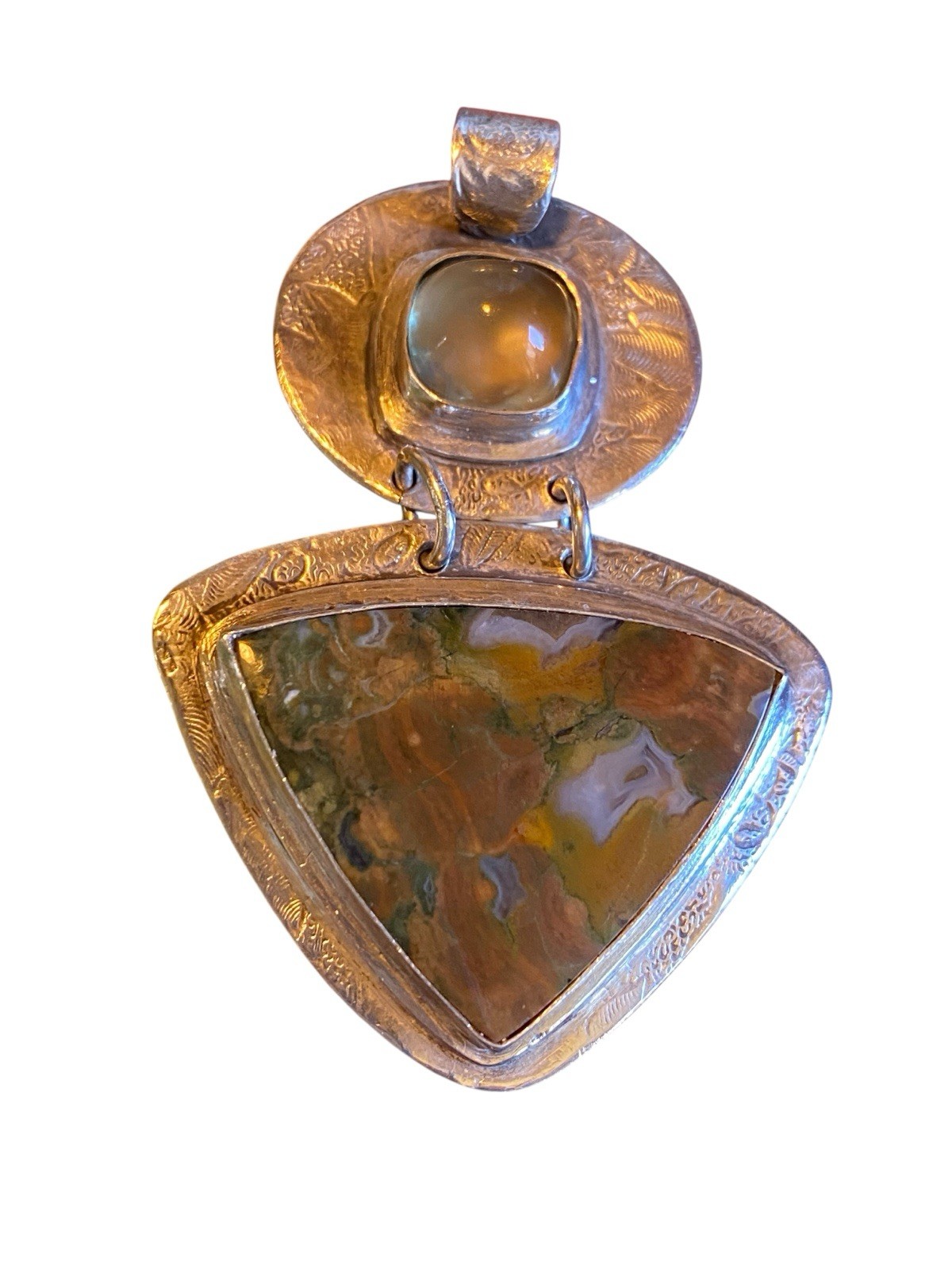 Handmade Artesian Etched Fine Silver Jasper & Quartz Pendant Signed TGS .999 FS