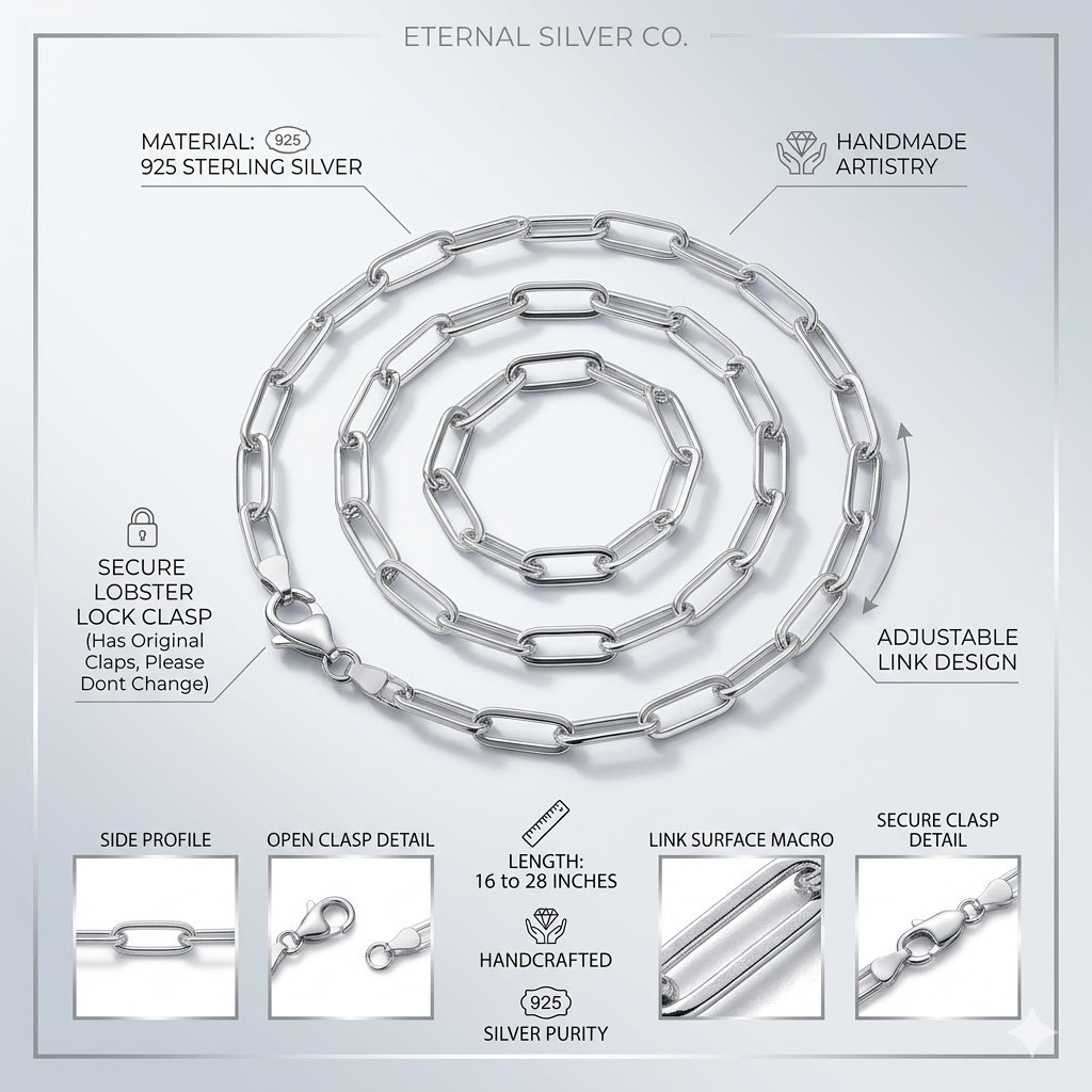 925 Solid Sterling Silver Paperclip Link Chain Necklace 18″-28″ for Women & Men