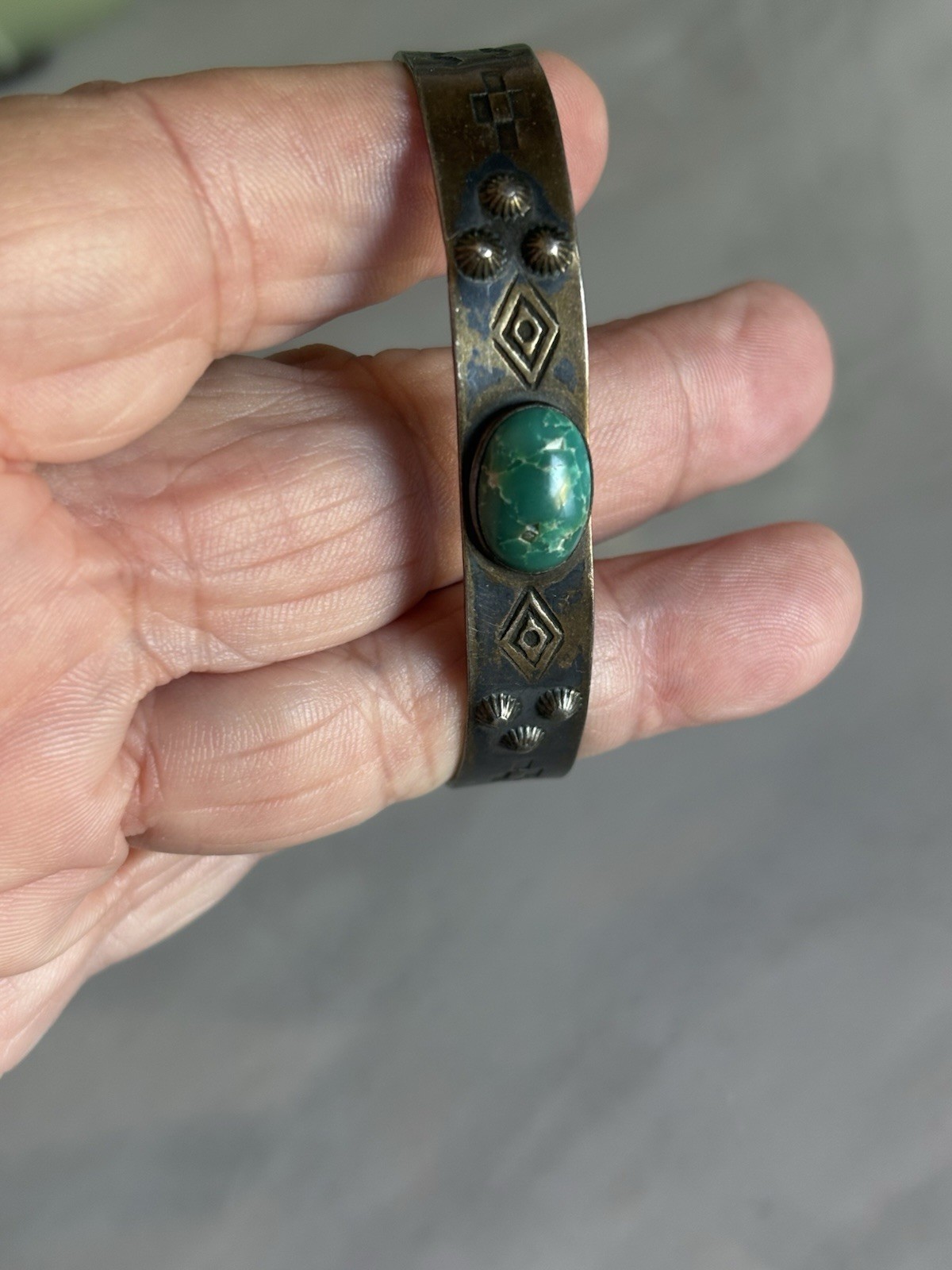 Fred Harvey Era cuff-stamped Sterling with Green Turquoise Stone