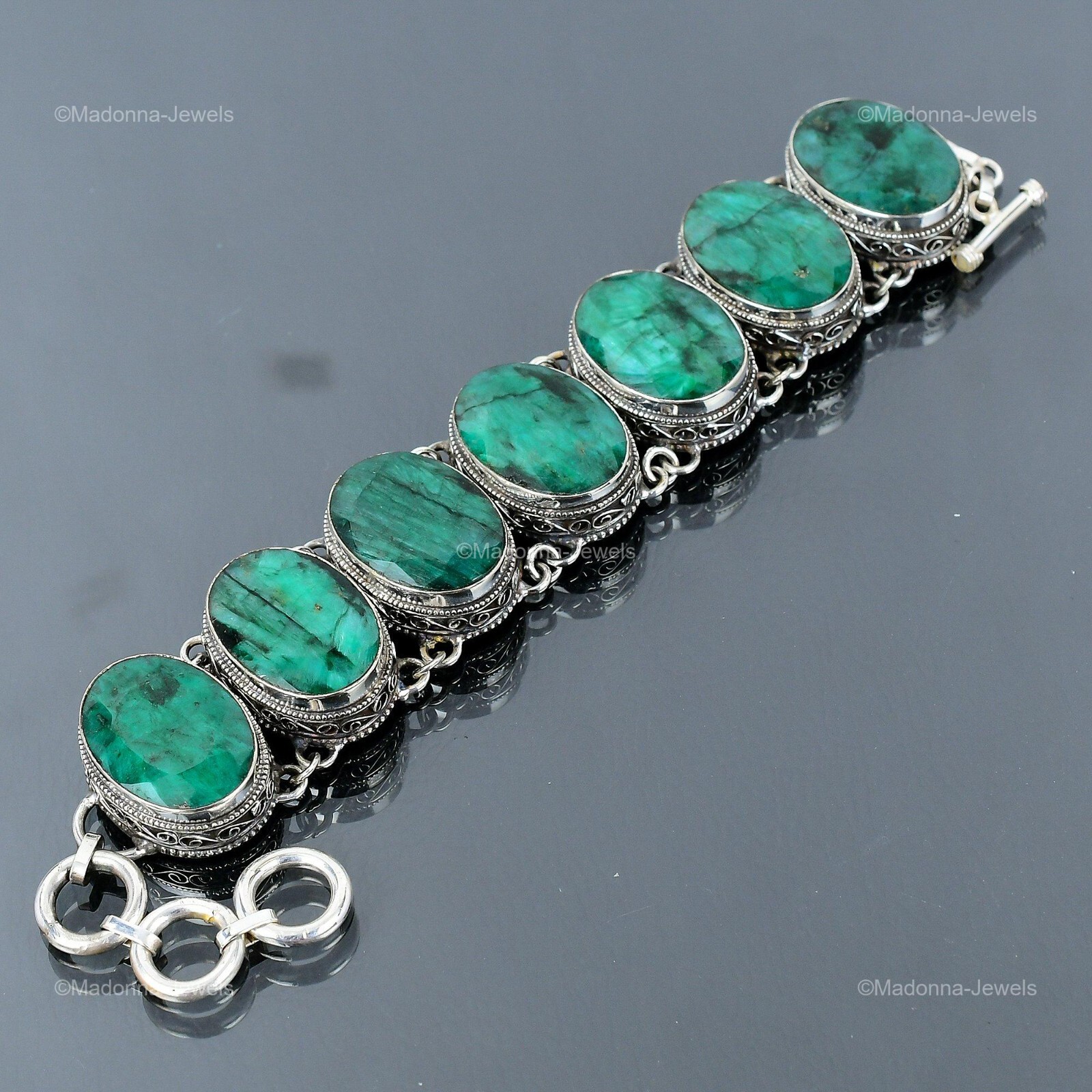 Zambian Emrald Gemstone 925 Sterling Silver Chain Bezel Vintage Unique Bracelet