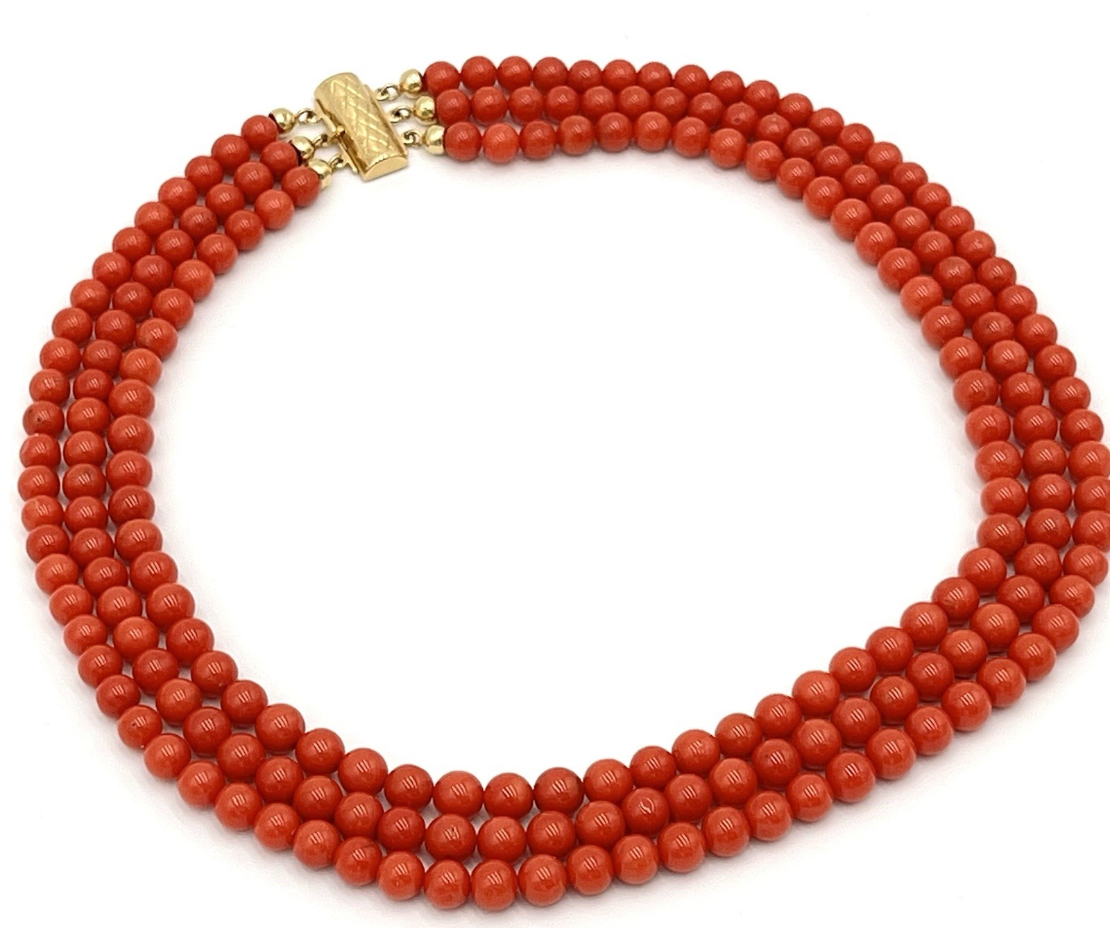 Natural Mediterranean Red Coral 3 Strand Necklace 7mm 18Kt Gold Made in Italy
