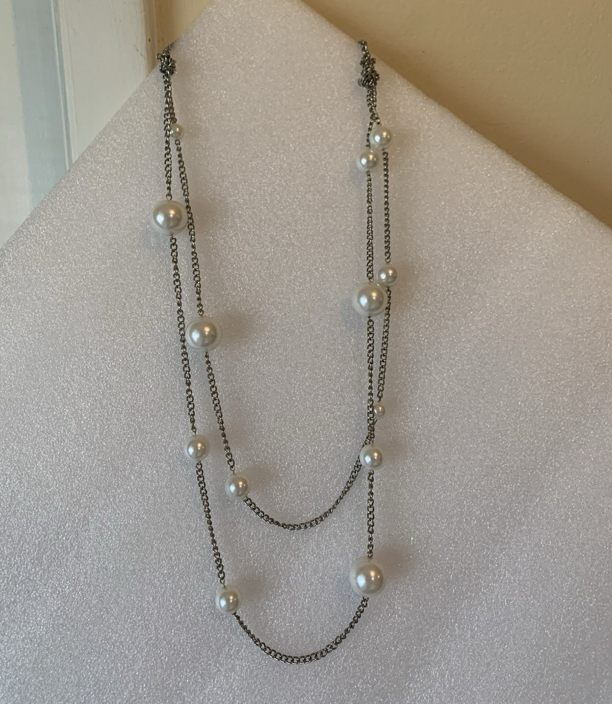 Ann Taylor Silver Tone Double Strand Station Cable White Faux Pearls