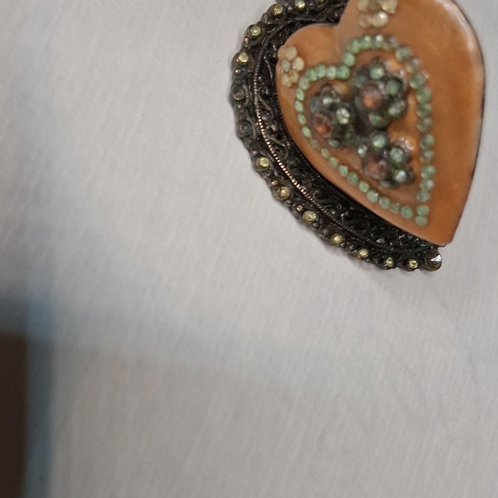 Heart Photo Locket Pendant, Silver Tone Metal, Green Round Crystal, Love Theme