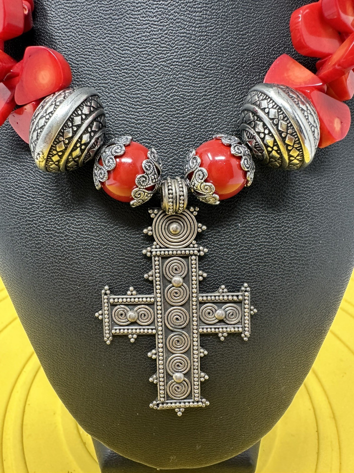 Sterling Silver Cross On A Red Coral Bead Necklace 114 Grams 17 Inch