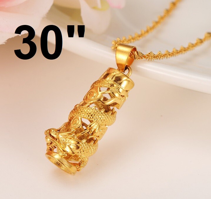 18″ 20″ 24″ Size 24k Gold Filled Womens Mens Dragon Pendant Chain Link Necklace