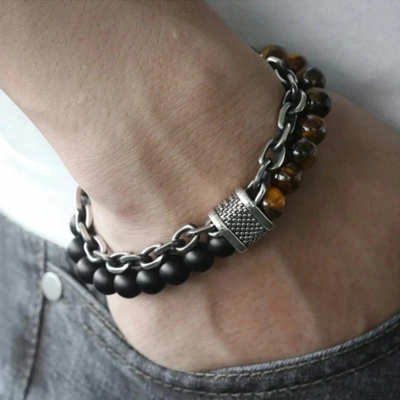 Tiger Eye Beaded Natural Stone Bracelet Bangle Stainless Steel Chain Men Gifts