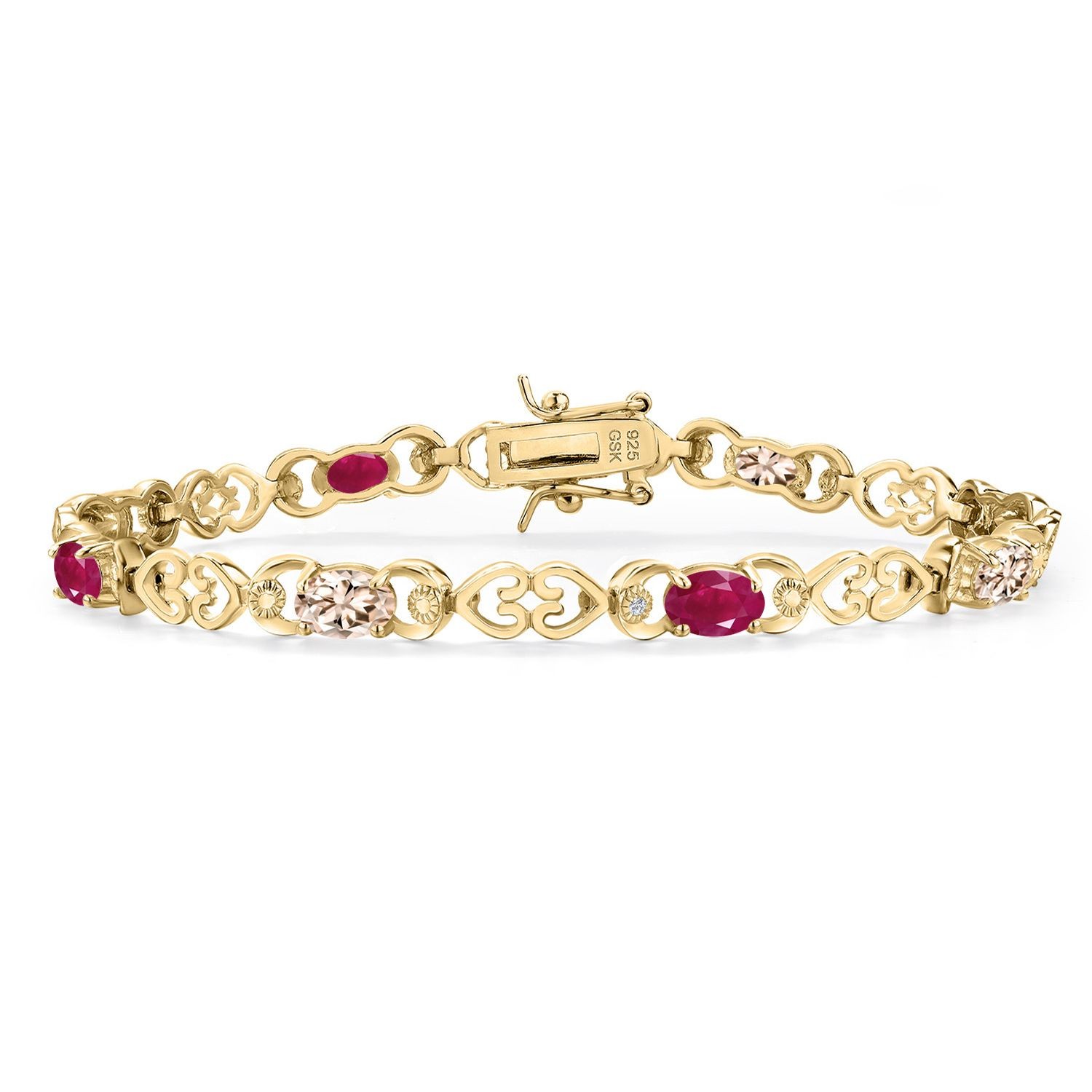 18K Yellow Gold Plated Silver Peach Morganite and Ruby and Lab Grown Diamond