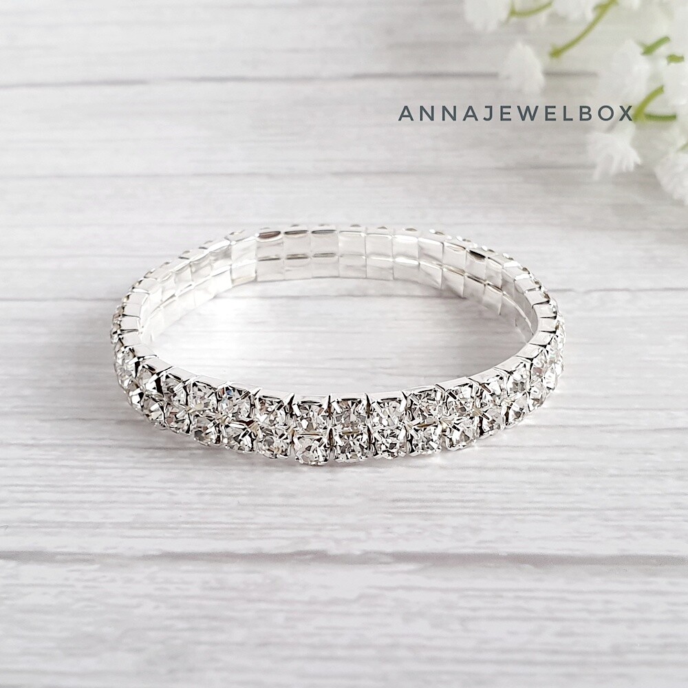 Women Sparkle Silver Crystal Elasticated Stretchy Bracelet 1 2 Rows S M L Bling