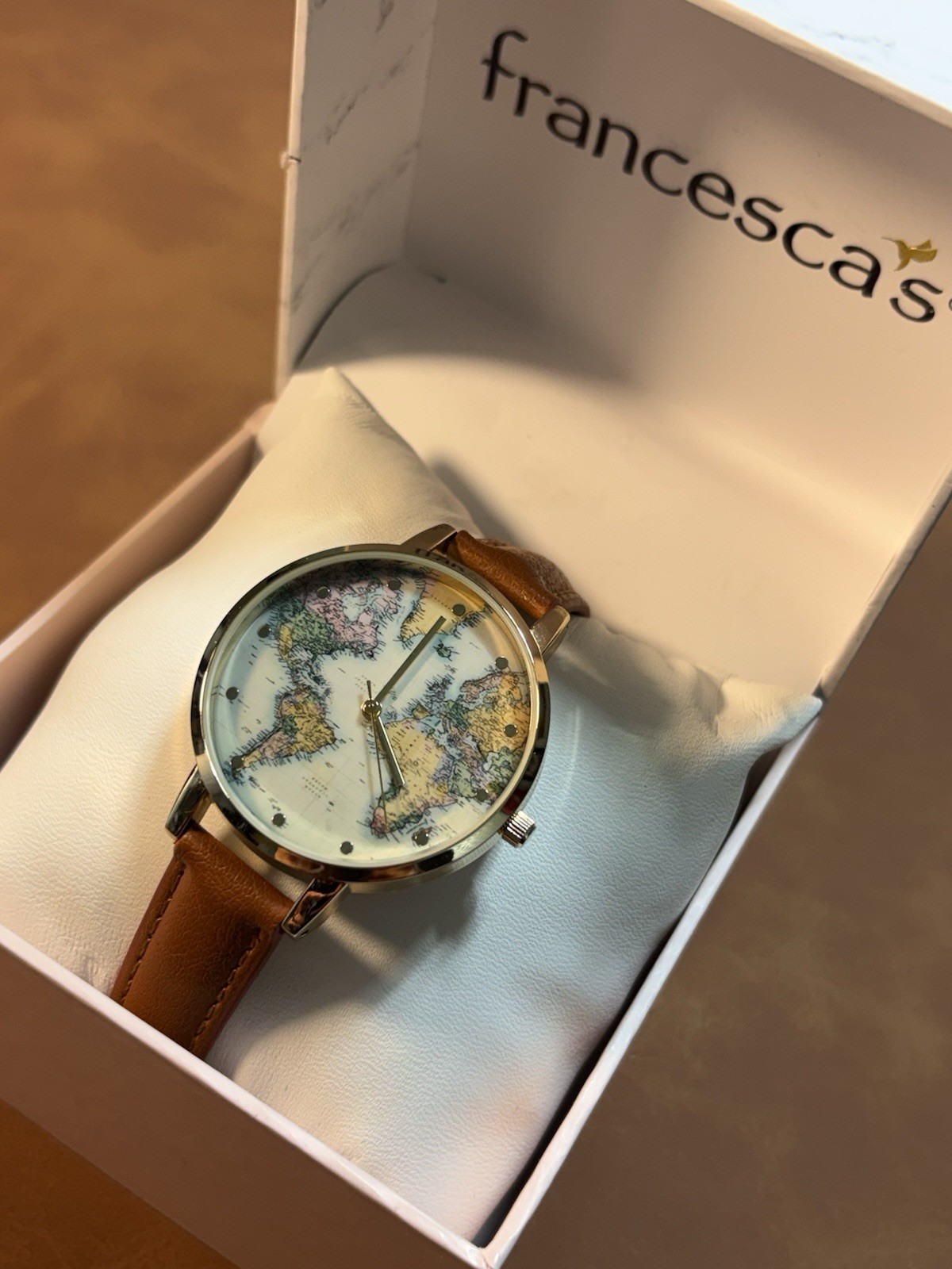 World Map Francescas Women’s Quartz Watch Gold Tone Ladies Leather Band,Box