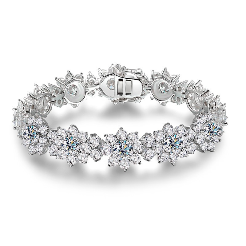 Real Round Moissanite Flower Tennis Bracelet Women’s Chain 925 Sterling Silver