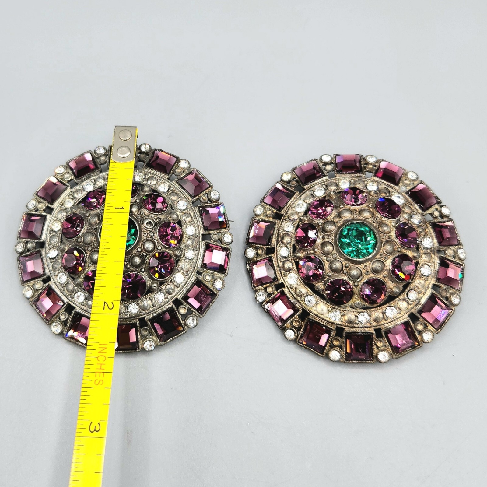 1930s Pair Purple Green Rhinestone Pot Metal Large Round Brooches Coat Pins