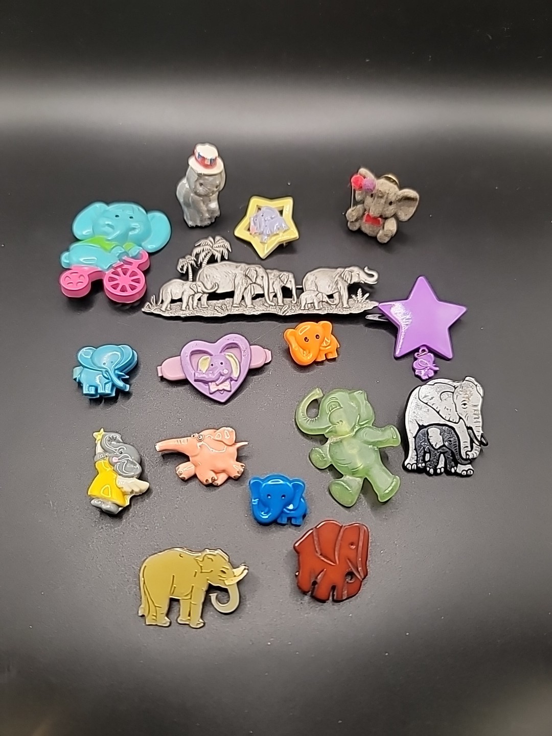 Vintage Elephant Jewelry 16 pc Lot Pins Brooches Charms Plastic Metal Mixed