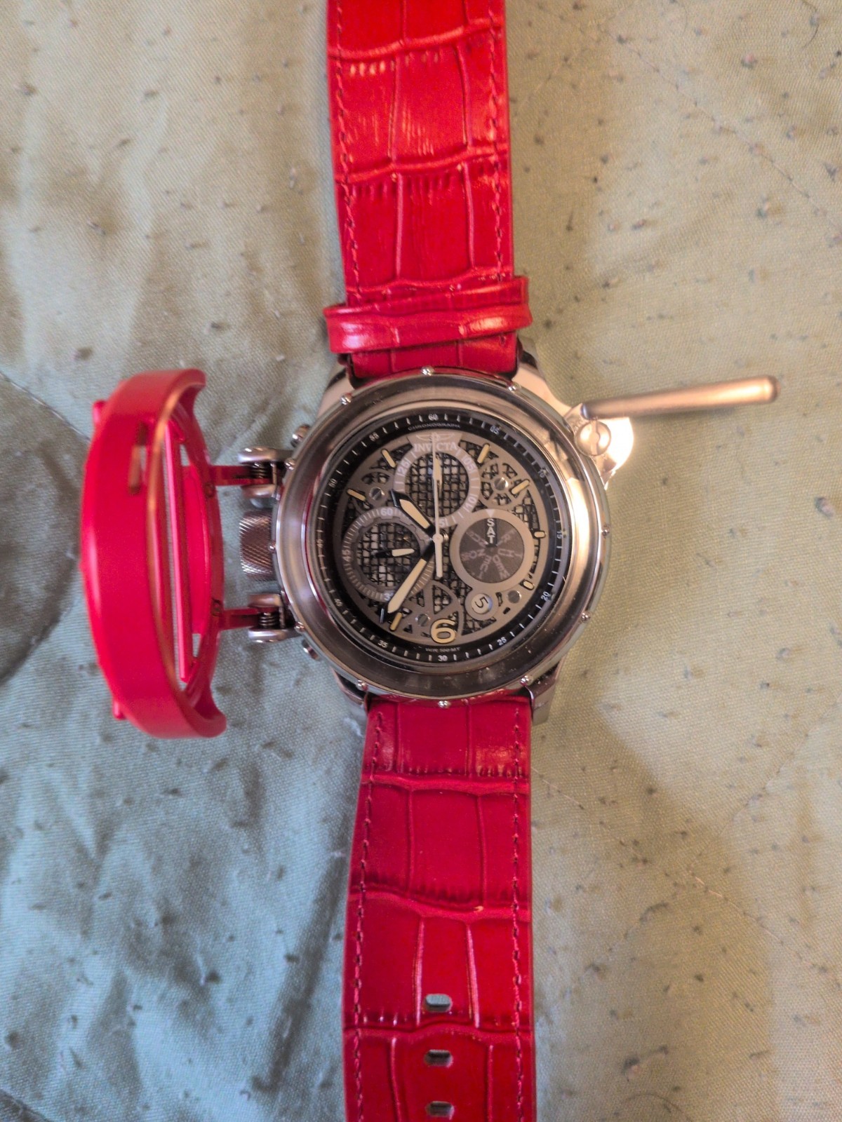 Invicta Russian Diver CROSSBAR Quartz Chrono Red/Silver Grey Dial 52mm Mens NEW