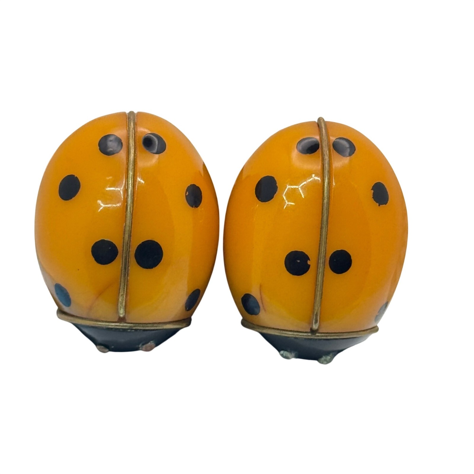 Bakelite Ladybug Shoe Clips Brooches RARE 1.5″ Vtg Yellow Polka Dotted Orange