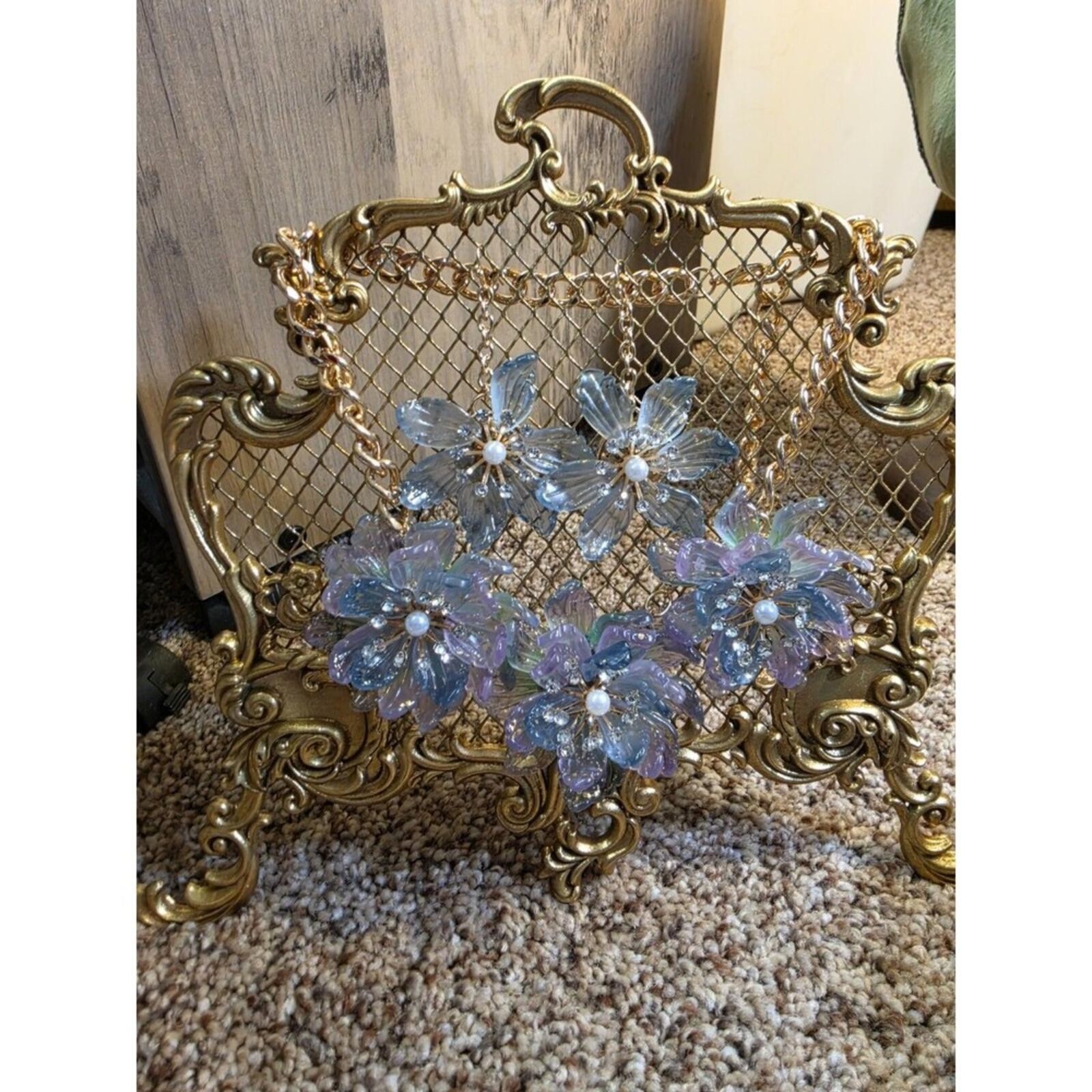 Purple and Blue 14k Gold-Plated Floral Statement Necklace and Earrings Set