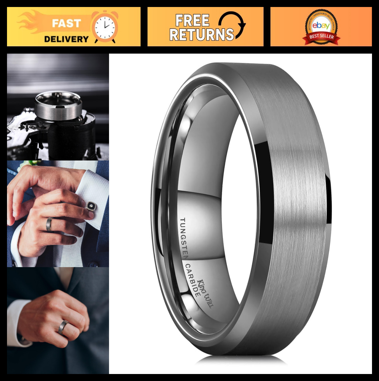 Tungsten Men’s Wedding Ring – 6mm to 10mm, Black/Silver, Matte Beveled Edge, Com