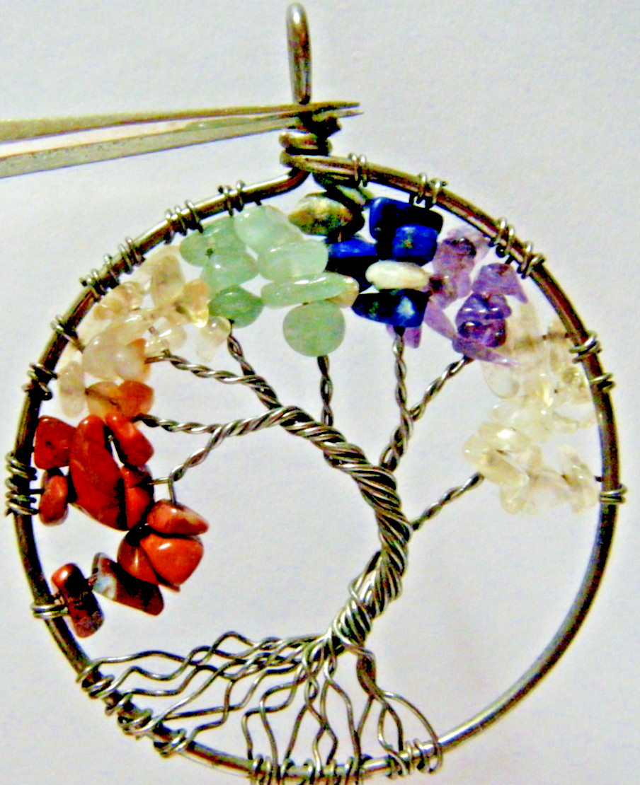 Pendant Tree of Life 7 chakra Multi Gemstone Handmade Copper Wire 2 ” diam.