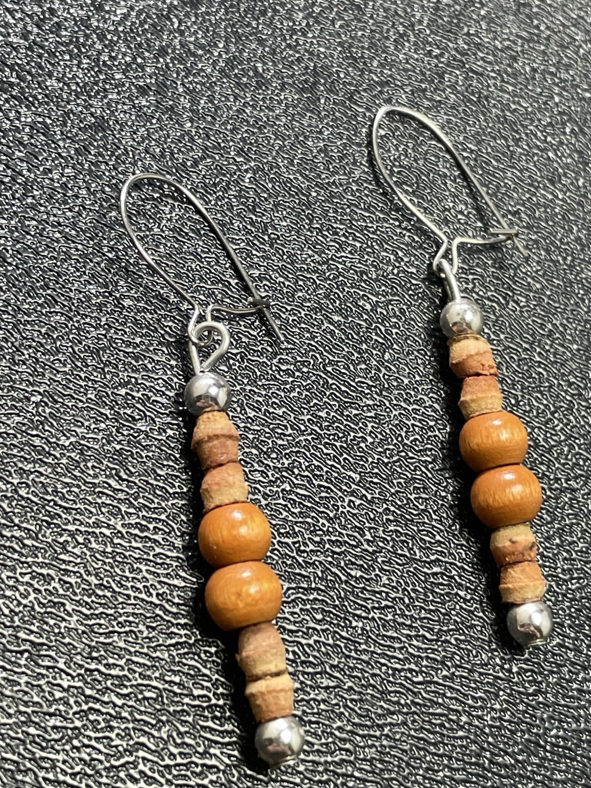 Vintage 1.8” Wood Beaded Bohemian Silver Tone Dangle Earrings