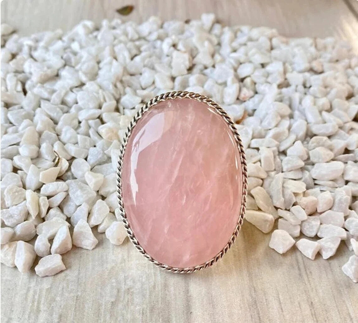 Valentine’s Day Rose Quartz Gemstone 925 Sterling Silver Handmade Ring All Size
