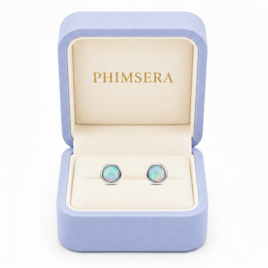Natural Fire Opal Earrings with Bezel Setting, Round Opal Stud Earrings 5mm