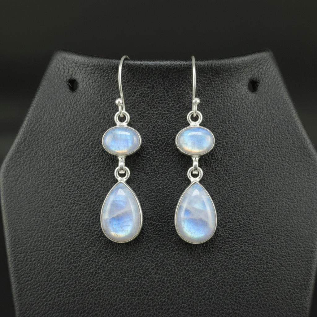 Rainbow moonstone 925 sterling silver handmade Dangle/Drop Earrings 1.90″