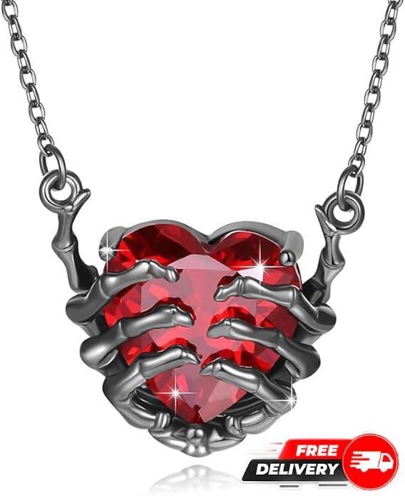 Gothic Bone Hands Heart Pendant Necklace Dark Fantasy Women Jewelry