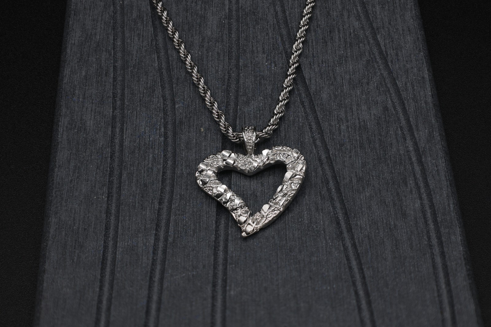 Silver Nugget Heart Necklace: 3mm Fremch Rope Chain, Lifetime Replacement Guaran
