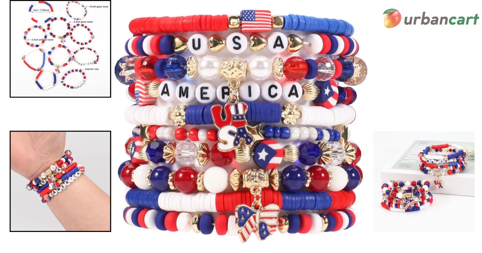 Patriotic Boho Colorful Beads & Charm Bracelets – 10 Pack