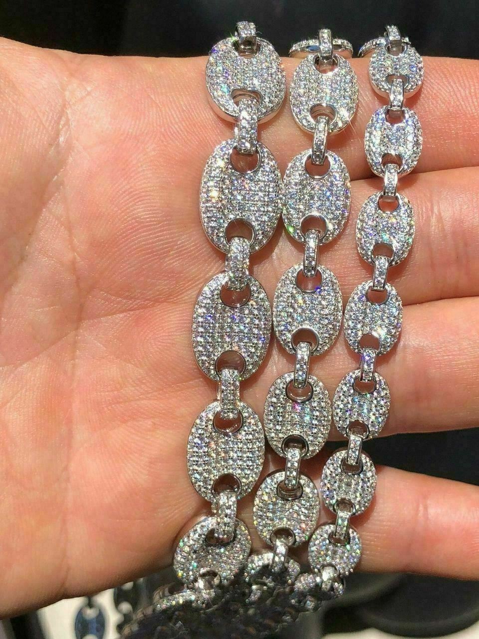Solid 925 Silver Mens Puffed Mariner Link Chain CZ Hip Hop Iced